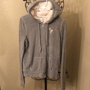 PINK Victoria's Secret Gray Faux Fur Lined Zip Up Hoodie